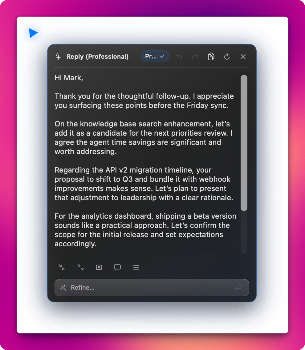 Kriya pinned result card showing a generated reply with refine actions