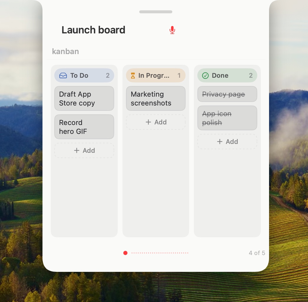 Notch Notes kanban board with To Do, In Progress, and Done columns