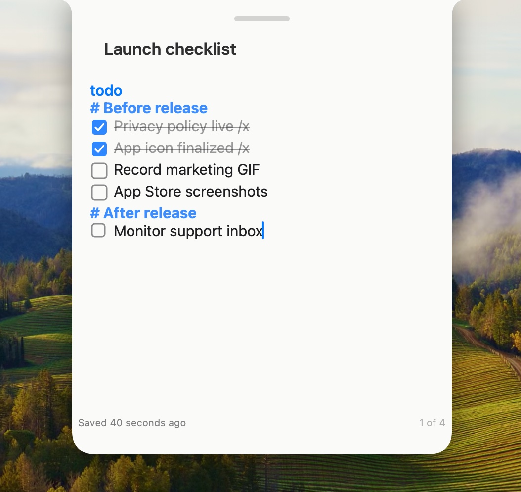Notch Notes checklist with launch tasks on lined paper